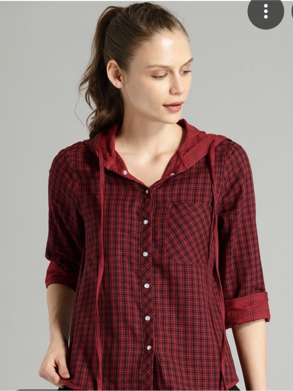 Women’s Red Plaid Hooded Button-Down Shirt Reversible Roadster